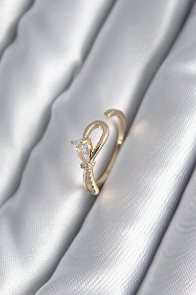 Inure Jewelry Brass Gold Color Zircon Stone Detail Ribbon Model Women's Ring