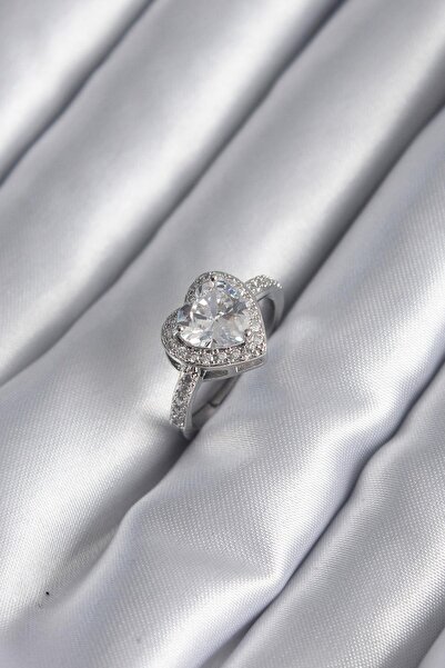 Inure Jewelry Brass Silver Color Zircon Stone Heart Charm Model Women's Ring