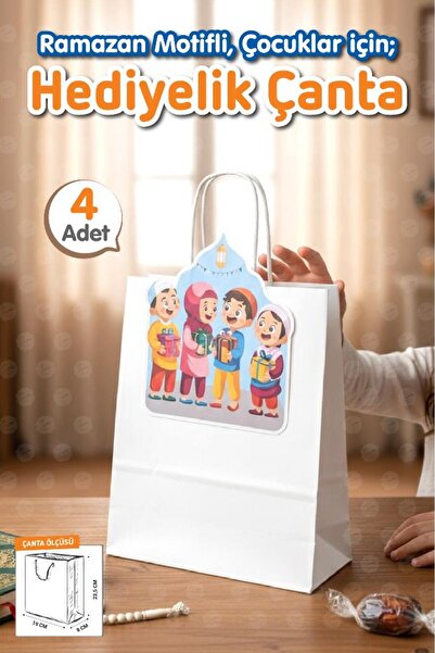 t tuğset etiket Burgu Saplı Karton Ramazan Temalı Beyaz Çanta 4 adet Çocuklar...