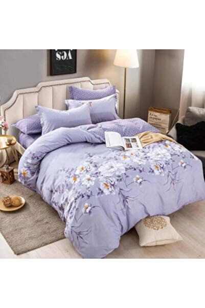 JOJO Double Bed Linen Set from Fine Cotton with Elastic, 6 Pieces - Lilac wit...