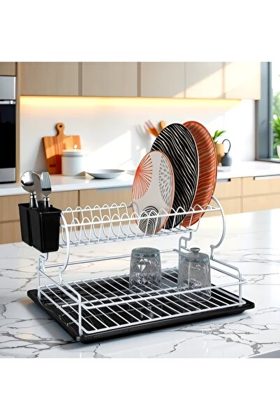 NOYALES HOME Ömür Boyu Paslanmaz İki Katlı Tel Bulaşıklık Beyaz İki Katlı Kal...