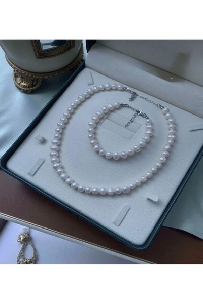 Taşmir 45CM - Sertifikalı 925 Ayar Gümüş Doğal 8mm Inci Kolye Bileklik Set