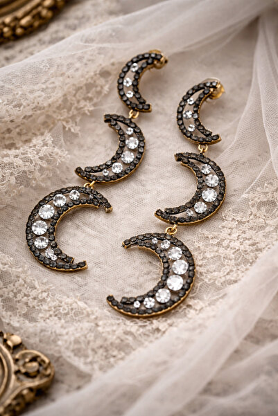 MIRADA JEWELRY Vintage Kristal Taşlı Büyük Ay Küpe