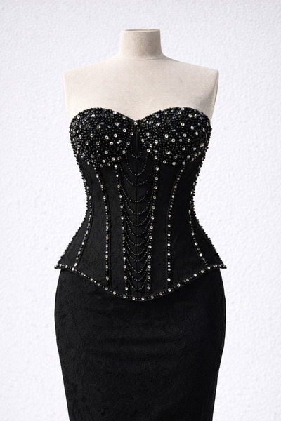 VİONELLA VELORA Siyah Taş İşlemeli Korse Detaylı Uzun Abiye Elbise