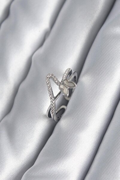 Inure Jewelry خاتم نسائي نحاسي فضي اللون مزين بحجر الزركون على شكل فراشة