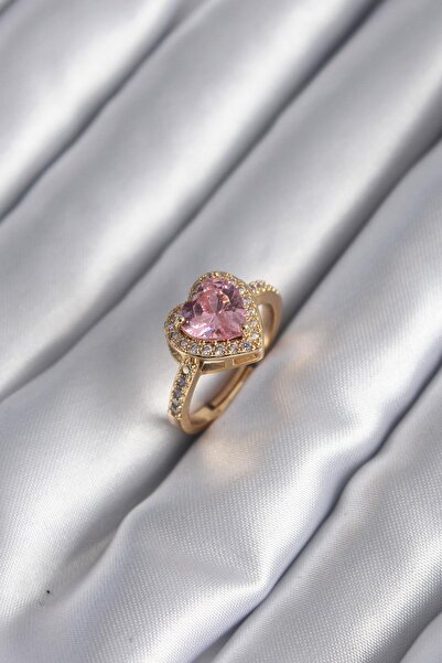 Inure Jewelry Brass Gold Color Pink Zircon Stone Charm Heart Model Women's Ring
