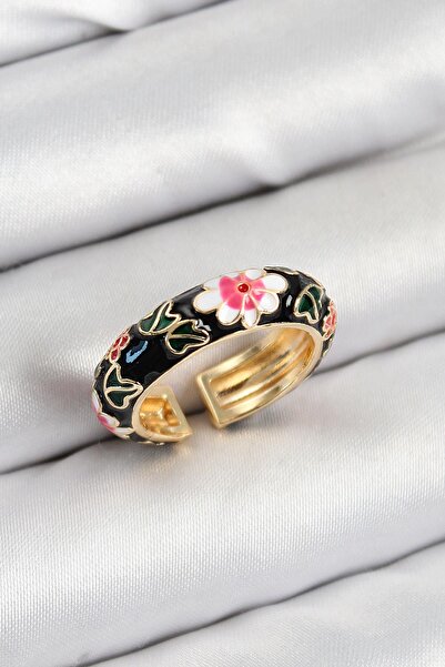 Inure Jewelry Brass Black Enamel Flower Motif Gold Color Adjustable Women's Ring