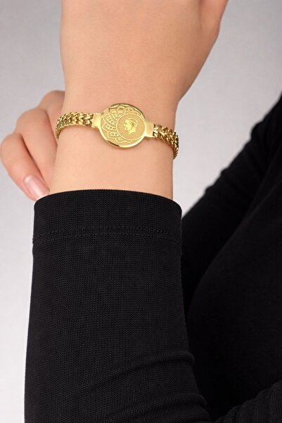 Madalyon Figürlü Gold Renk Çelik Bileklik