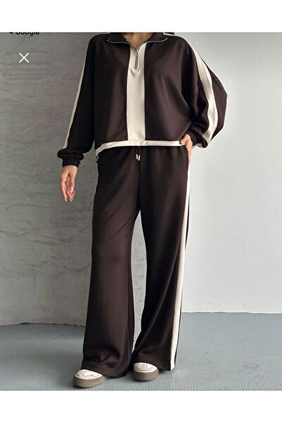LETS BASIC Women's Contrast Stripe Half Zip Oversized Modal Tracksuit Set