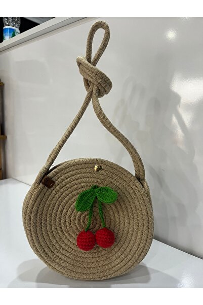 ms milasewing El Yapımı Kiraz Figürlü Kız Çocuk Hasır Omuz Çantası - 18 cm