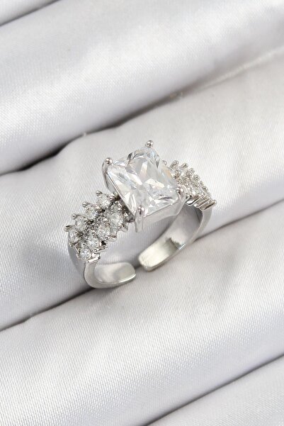 Inure Jewelry خاتم نسائي من النحاس الأصفر بحجر الزركون الكبير موديل فضي اللون