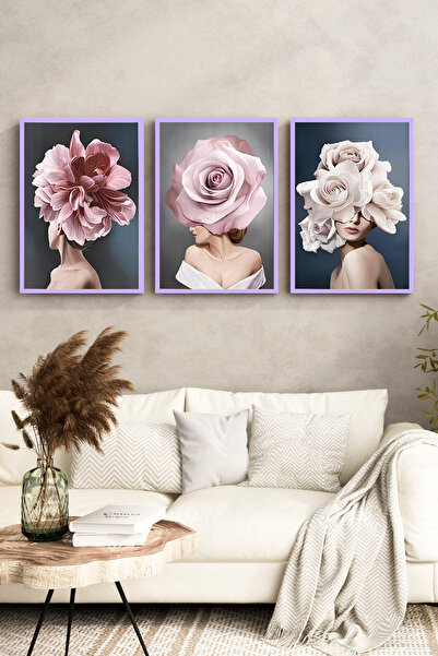 kutuTR Lila Renk Ahşap Çerçeveli 2DUV Baskı 3’lü MDF Tablo–Çiçek Başlıklı Kad...