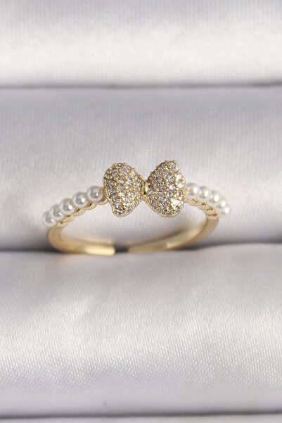 Inure Jewelry Brass Gold Color Zircon Stone Bow Pearl Detail Adjustable Ring