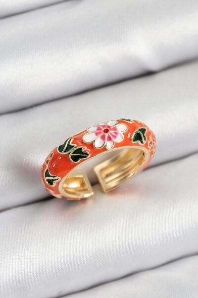 Inure Jewelry Brass Orange Enamel Flower Motif Gold Color Adjustable Women's ...
