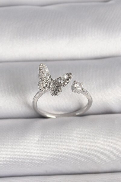 Inure Jewelry Brass Silver Color Zircon Stone Butterfly Model Pearl Detail Ad...
