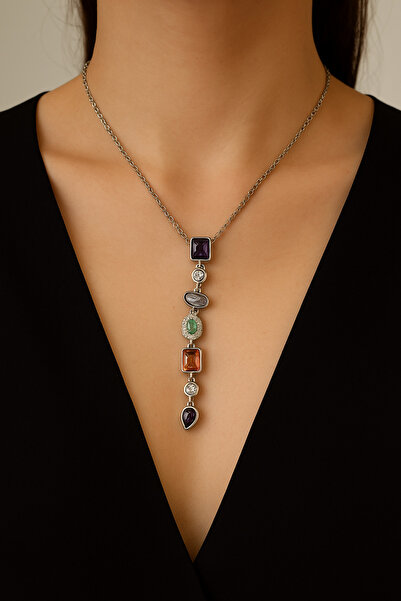 Glimz Jewelry Renkli Taşlı Şans Y Çelik Kolye