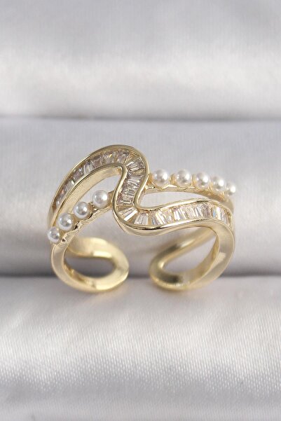 Inure Jewelry Brass Gold Color Zircon Stone Pearl Detail Vip Series Women's Ring