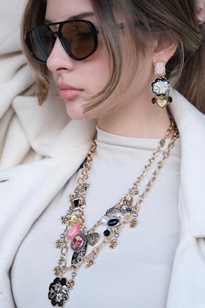 YENGEÇ Marka Model İkili Charmlı Kolye ve Küpe Seti