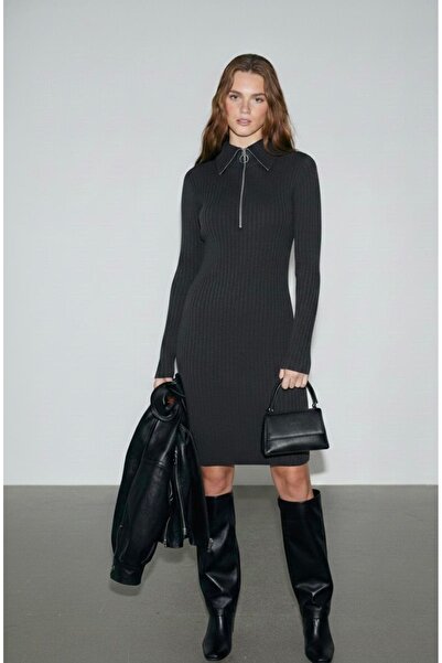 soft&basic Rochie neagră pentru femei, din țesătură premium periată, cu guler...