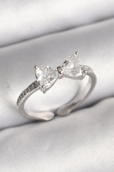 Inure Jewelry Brass Silver Color Zircon Stone Heart Bow Model Women's Ring