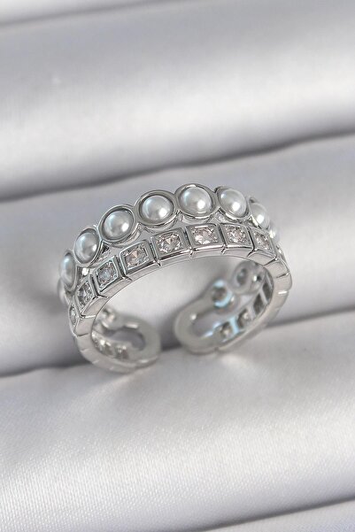 Inure Jewelry خاتم نسائي من النحاس الفضي اللون مكون من صفين من حجر الزركون وا...