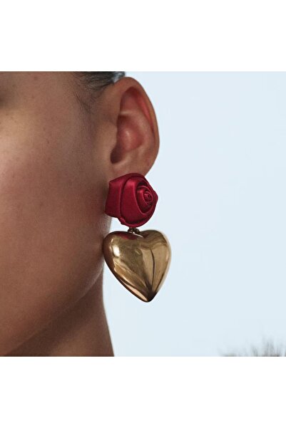 SELUVİA Women's Red Rose Detailed Gold Domed Heart Design Stylish Steel Earri...