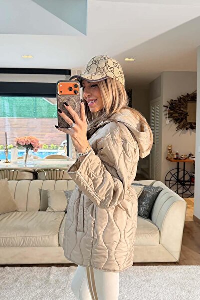 My Loore Women's Beige Quilted Hooded Comfortable Fit Belted Jacket & Coat