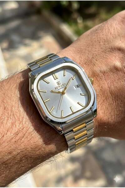 Reward ساعة يد رجالية |   حافظة فولاذية مربعة مقاس 42 ملم، مينا فضي، سوار فول...