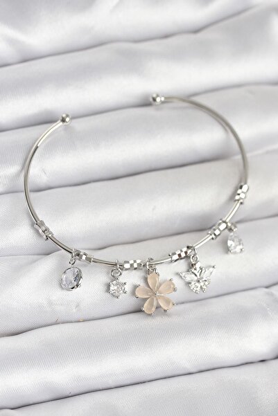 Inure Jewelry Silver Color Brass Women's Bracelet with Flower and Butterfly C...