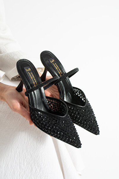 Lebibe Shoes Mina Women's Black Mesh Stone 7 cm Heeled Slingback Pointed Toe ...