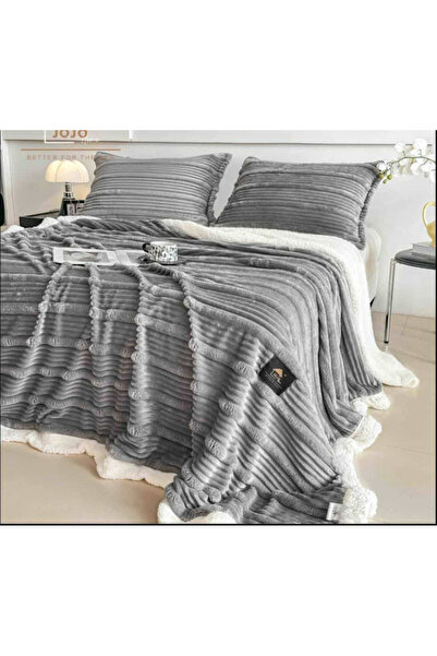 JOJO HOME Set pătură 3D gri cu blană artificială de iepure și 2 fețe de pernă