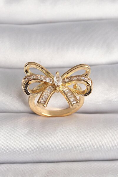 Inure Jewelry Brass Gold Color Adjustable Zircon Stone Ribbon Model Women's Ring