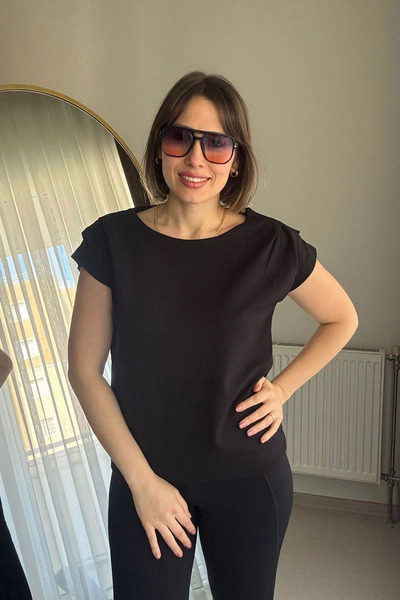 Kubos Moda Shoulders Draped Honeycomb Fabric Black Blouse