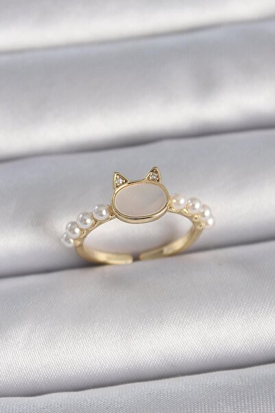 Inure Jewelry Brass Gold Color Adjustable White Enameled Cat Model Pearl Deta...