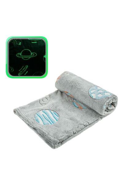 OEM Baby blanket, gray with planets and space pattern and fluorescent parts. ...