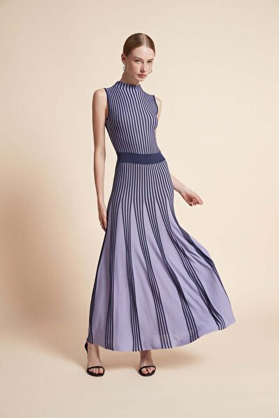Yola Purple Striped Maxi High-Neck Dress