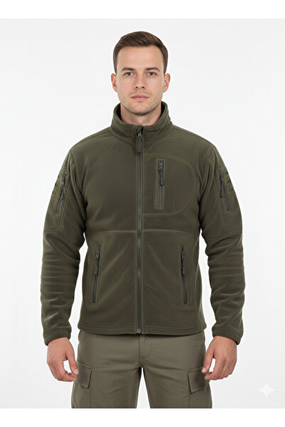 Nazlyna Men's Tactical 5-Pocket Khaki Fleece Jacket 280 Gr Anti-Thread Pillin...