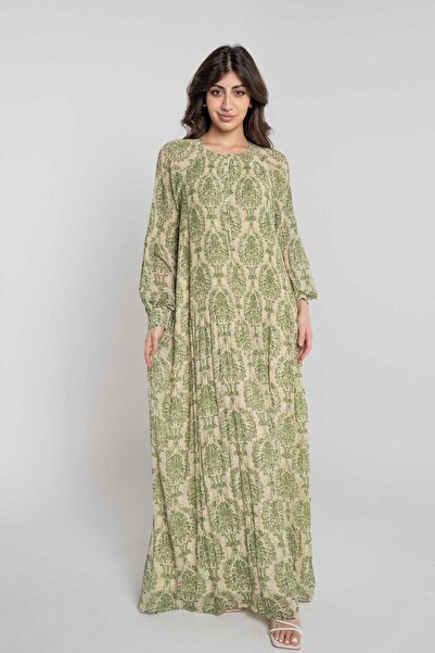 Nichii Green Patterned Maxi Long-Sleeve Dress