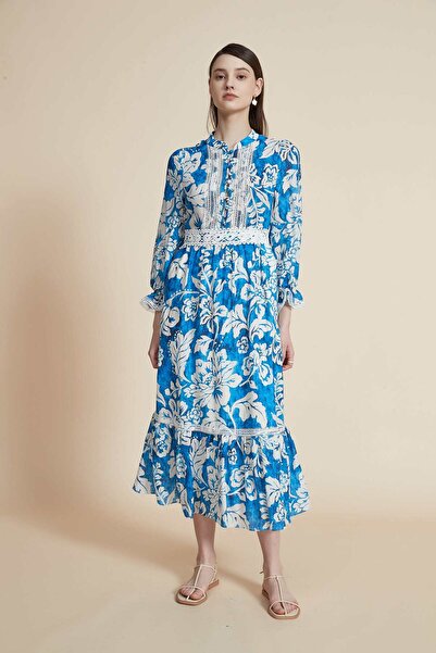 Yola Blue Floral Midi Long-Sleeve Dress