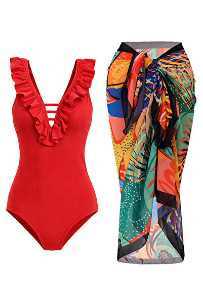 CUPSEA Slimming Effect Ruffled Front Red Swimsuit Orange Leaf Pareo 2-Piece Set