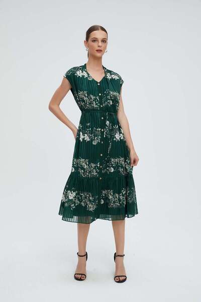 Nichii Green Floral Midi Belted Dress
