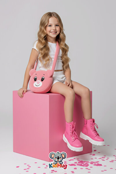 KidHug Çocuk Omuz Çantası Ayıcık Yüz Nakışlı Peluş Oyuncak Çantası Pembe/Bej/...