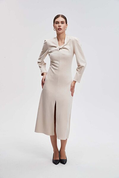 Livia فستان ميدي سادة بأكمام طويلة شق أمامية