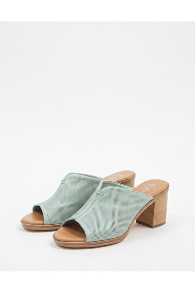 Ender 100% Genuine Leather Thick Heeled Green Women's Slippers