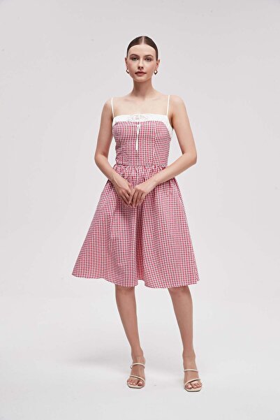 Livia Red Geometric Knee-Length Elastic-Waist Dress