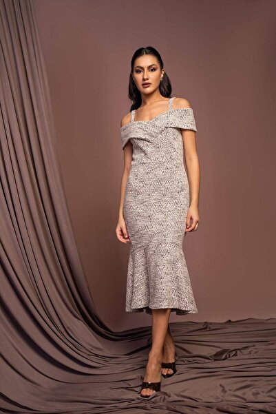 Nichii Multicolor Geometric Midi Off-Shoulder Dress