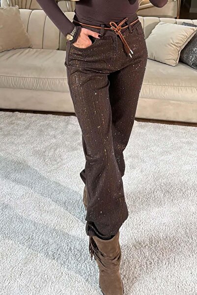 My Loore Women's Brown Stone Detailed Belted Comfortable Fit Jeans Mlb141