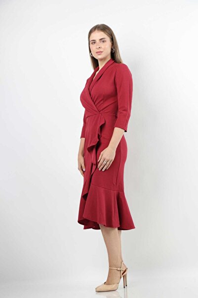 Nichii Beige Solid Midi Ruffled Dress