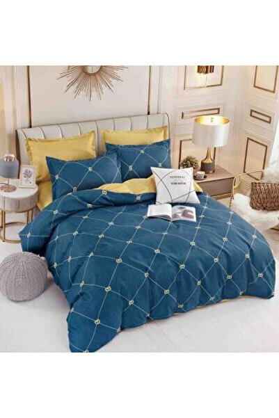 JOJO Double Bed Linen Set from Finet Cotton, with Elastic, 6 Pieces - Navy Bl...