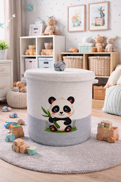 Secem Boutique Panda Straw Toy Basket, Jute Children's Laundry Basket